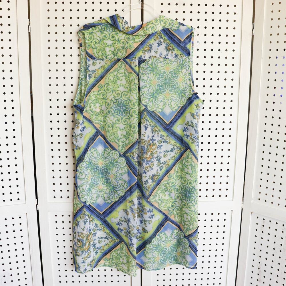 Susan Graver SIZE 18W Printed Sheer Chiffon Button Vest Green Blue A353359 - Picture 3 of 9